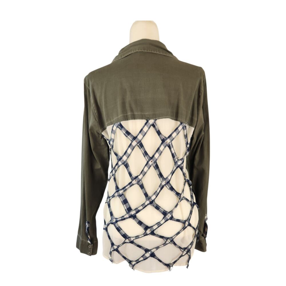 BKE Sheer Lattice Back Snap Front Top Medium Tattered Boho Cowgirl Green Western - Picture 6 of 14